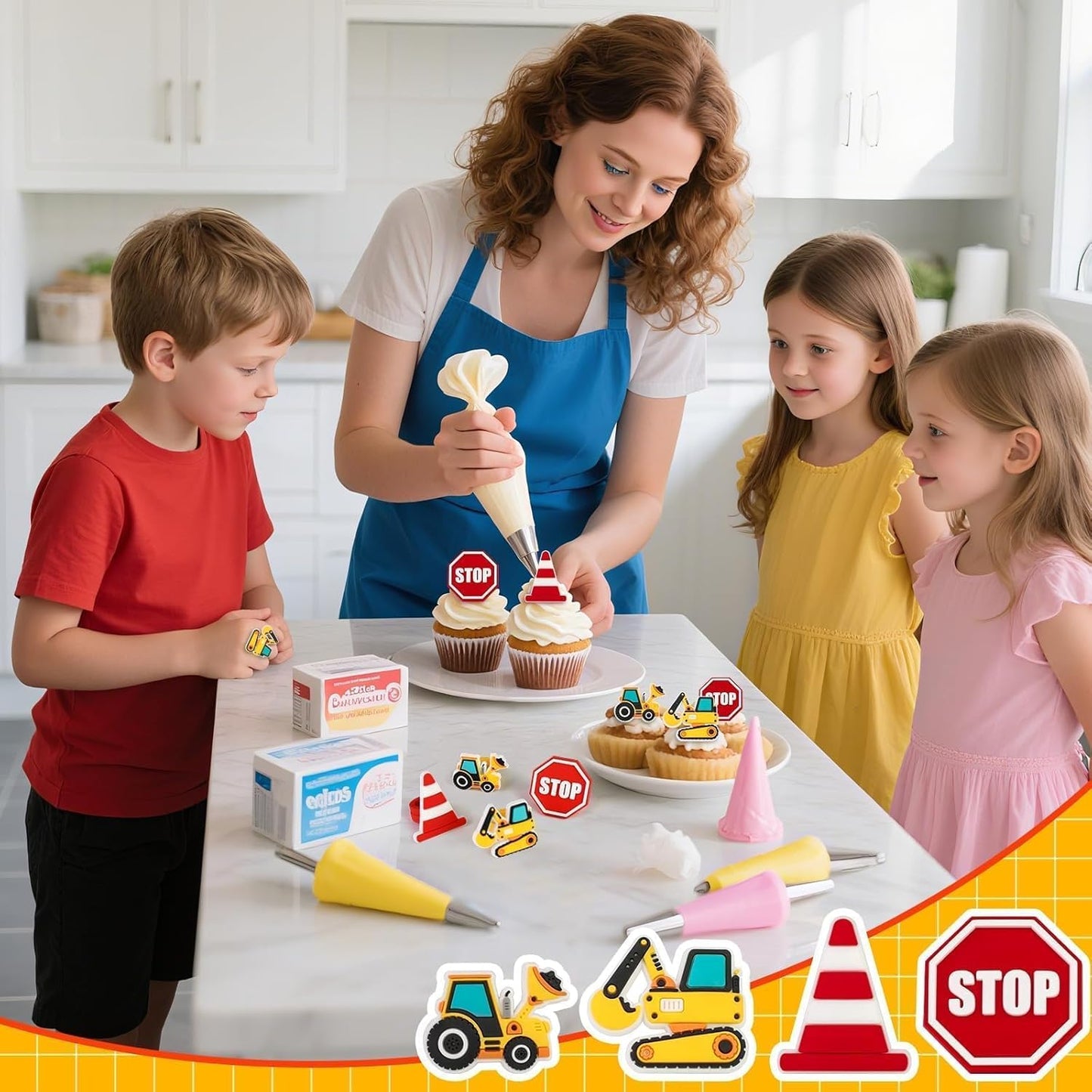 24PCS Construction Cupcake Rings Toppers Stop Sign Excavator Bulldozer Party Cake Picks Decorations for Construction Theme Birthday Party Supplies