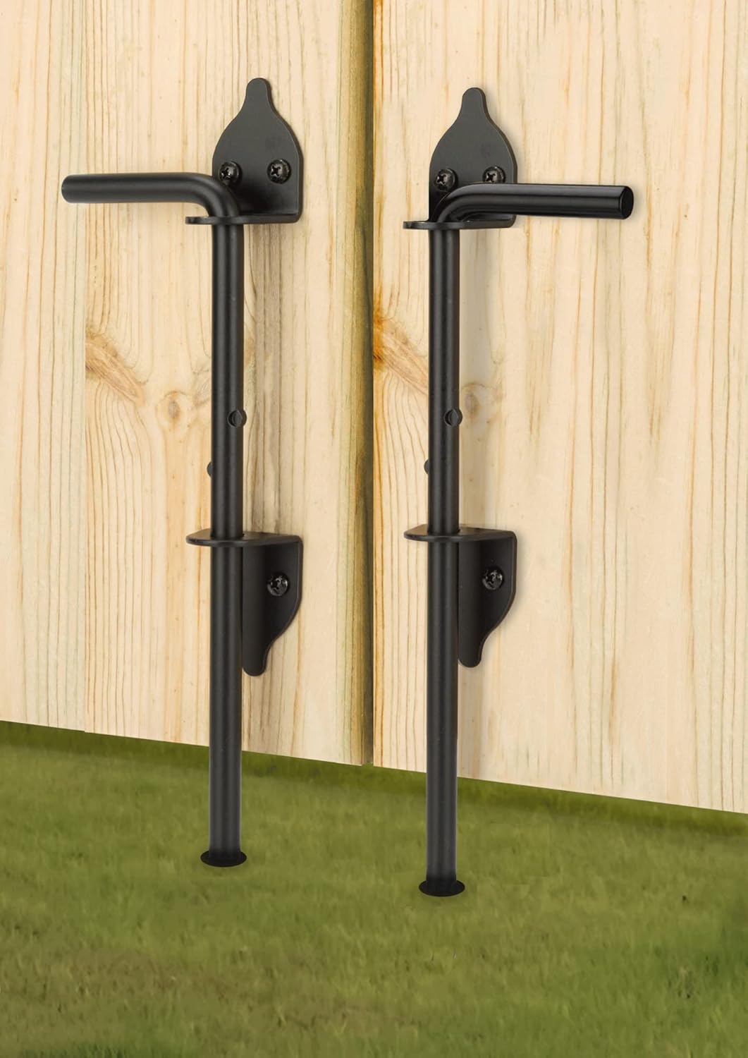 12" Heavy Duty Cane Bolt Gate Drop Rod Hardware Ground Latch for Wood PVC Vinyl Metal Fences Gates, Double Doors, Black Solid Steel -2 Pack