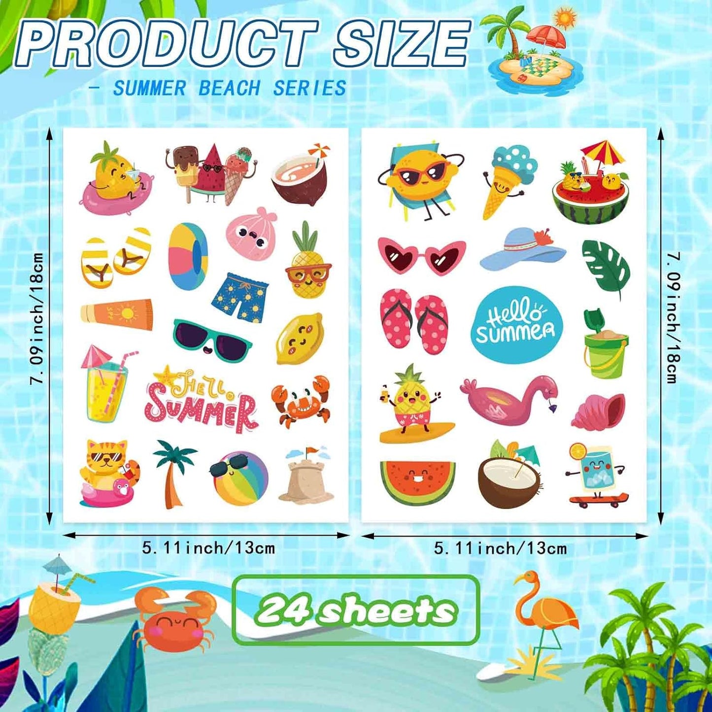 24 Sheets Summer Stickers Pool Beach Luau Hawaii Sticker Sea Beach Sun Stickers Hawaii Tropical Party Decoration Sticker Summer Holiday Party Favors