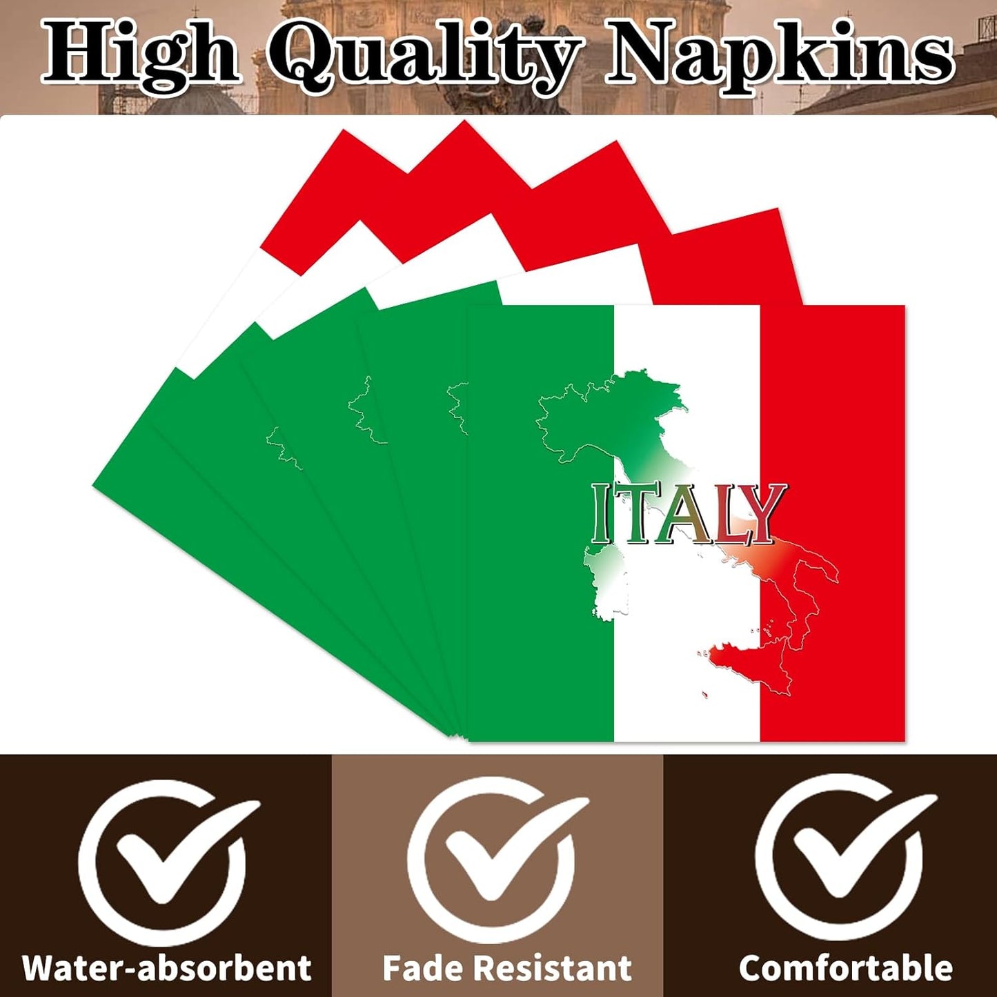 Italian Party Napkins Decorations, Disposable Paper Italy Flag Napkins Supplies Pack of 50, Birthday Party Baby Shower Decor Size 6.5 Inch