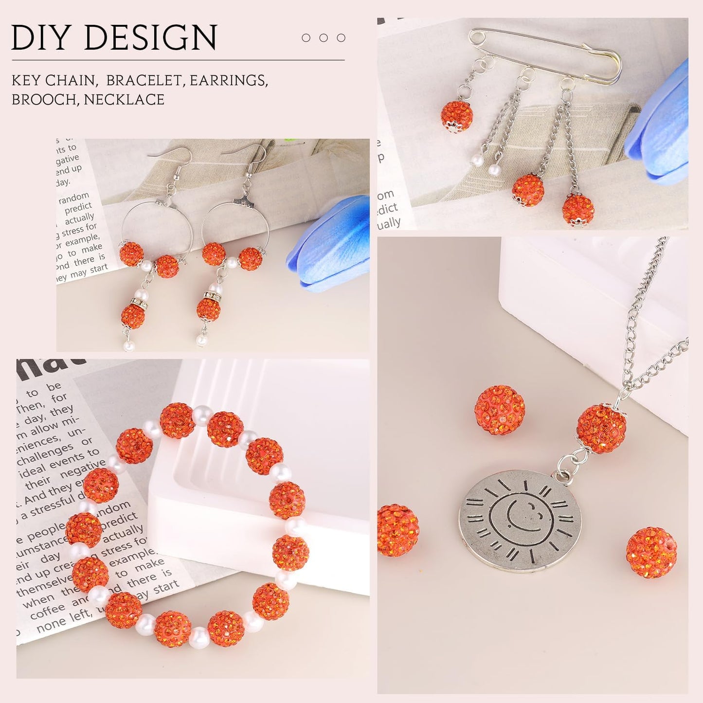 200pcs 10mm Orange Rhinestone Beads for Jewelry Making, Shiny Round Shamballa Disco Ball Beads Bulk, Sparkle Crystal Clay Christmas for Bracelet Baseball Necklace Earring Crafting and DIY