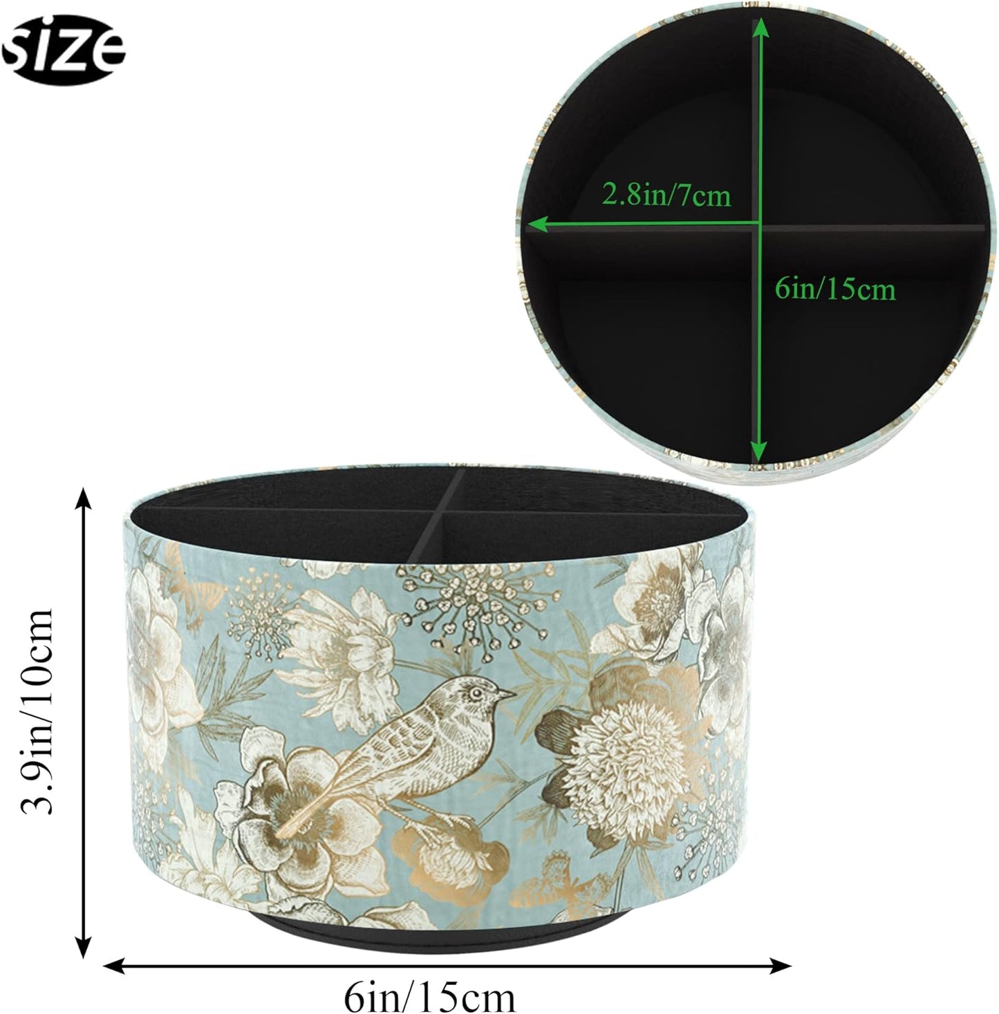 Hennaja Round Leather Art Supply Organizer,Remote Control Holder,360 Degree Rotating,Multi-Functional Pencil Holder,4 Compartments Desktop Stationary Organizer(1-Blue Bird)