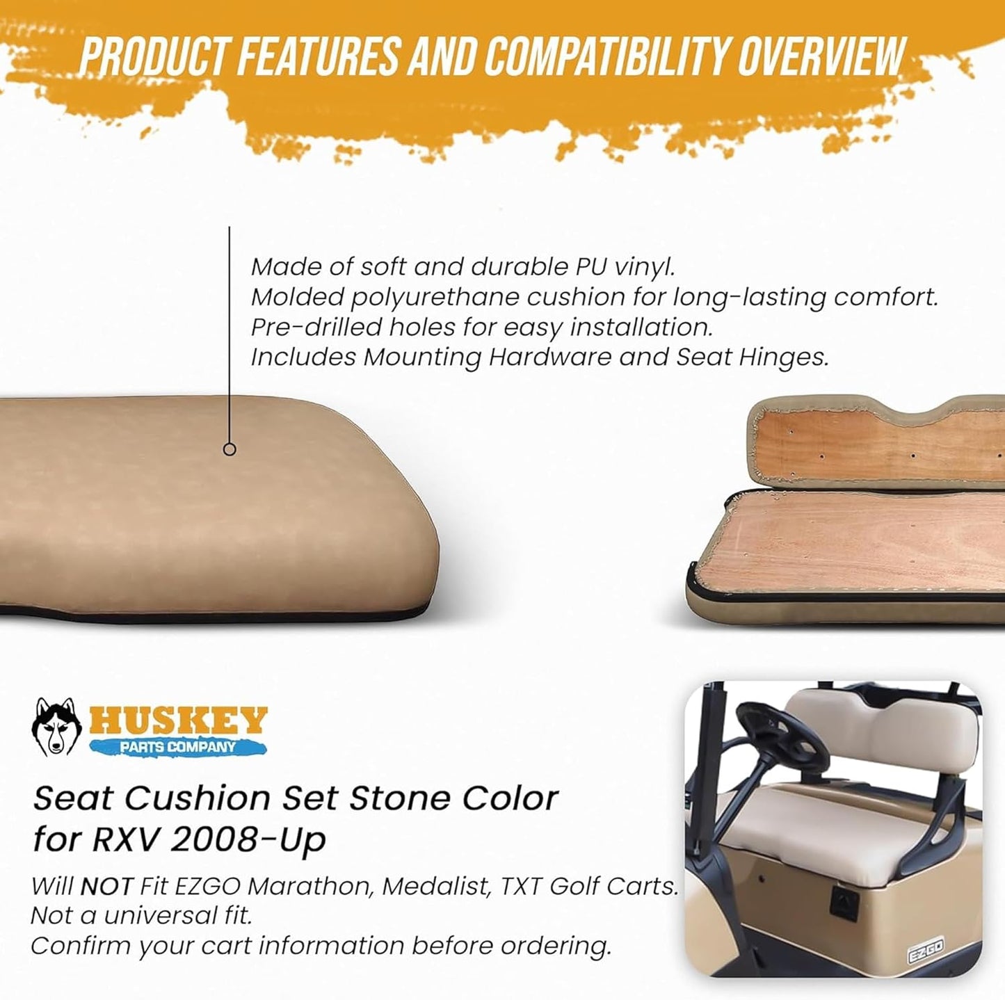 Huskey Parts Company Golf Cart Seat Cushion Set for EZGO RXV 2008-Up, Black Color, Front Seat Lean Back & Bottom Replacement with Mounting Hardware & Hinges