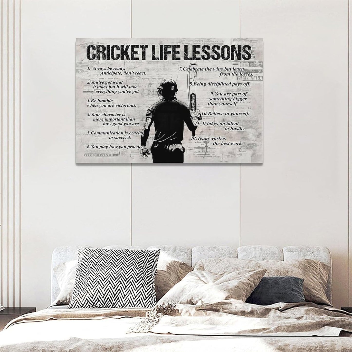 Gyeong Cricket Sports Wall Art Cricket Life Lessons Wall Decor Cricket Sign Retro Poster Boy Men Room Motivational Decorations Canvas Print Painting Artwork for Bedroom Bathroom Living Room 24"x16"