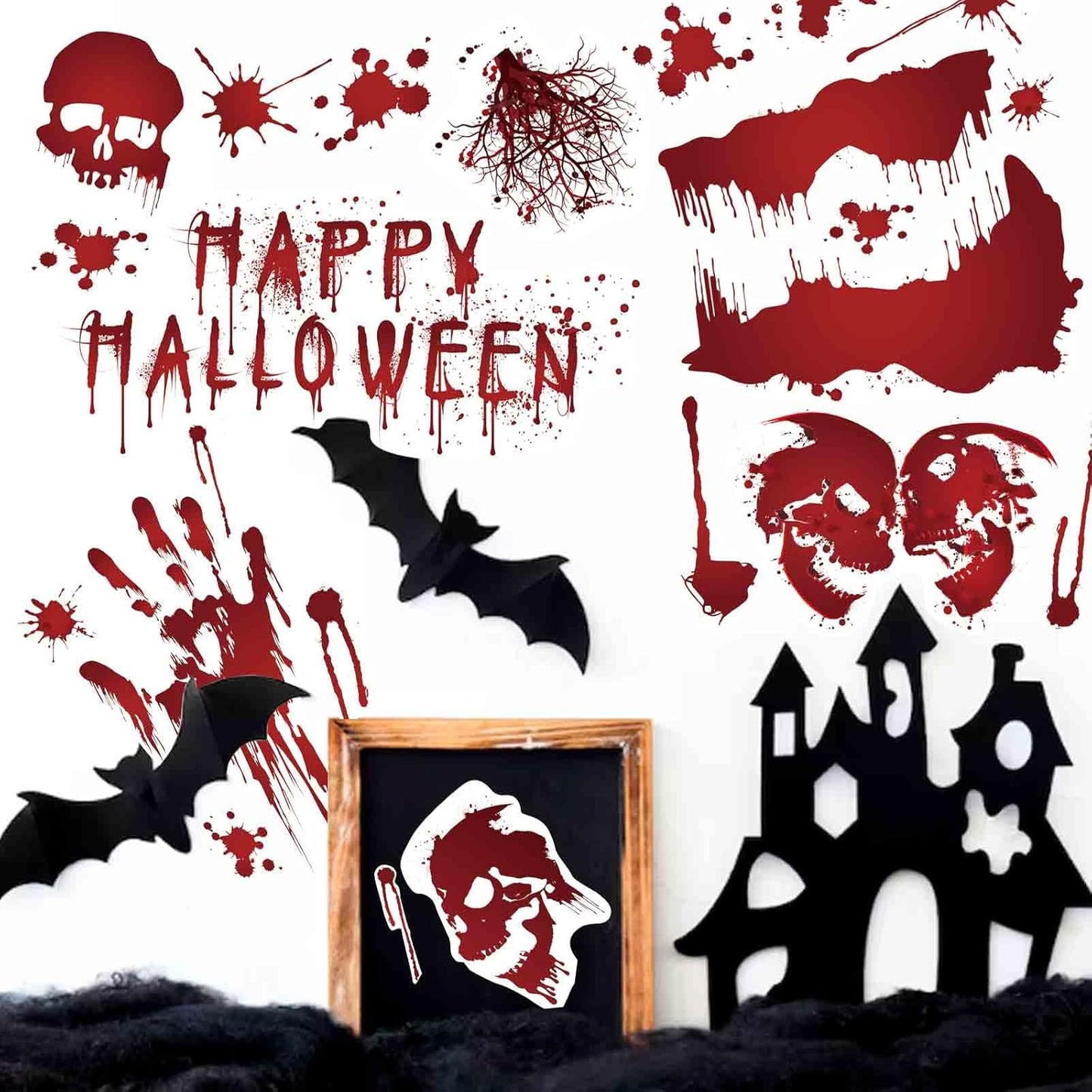 Halloween Wall Stickers, 8 Sheets Bloody Handprint and Footprint Stickers, Scary Halloween Party Decorations, Large Size Door Bathroom Indoor & Outdoor Home Decor