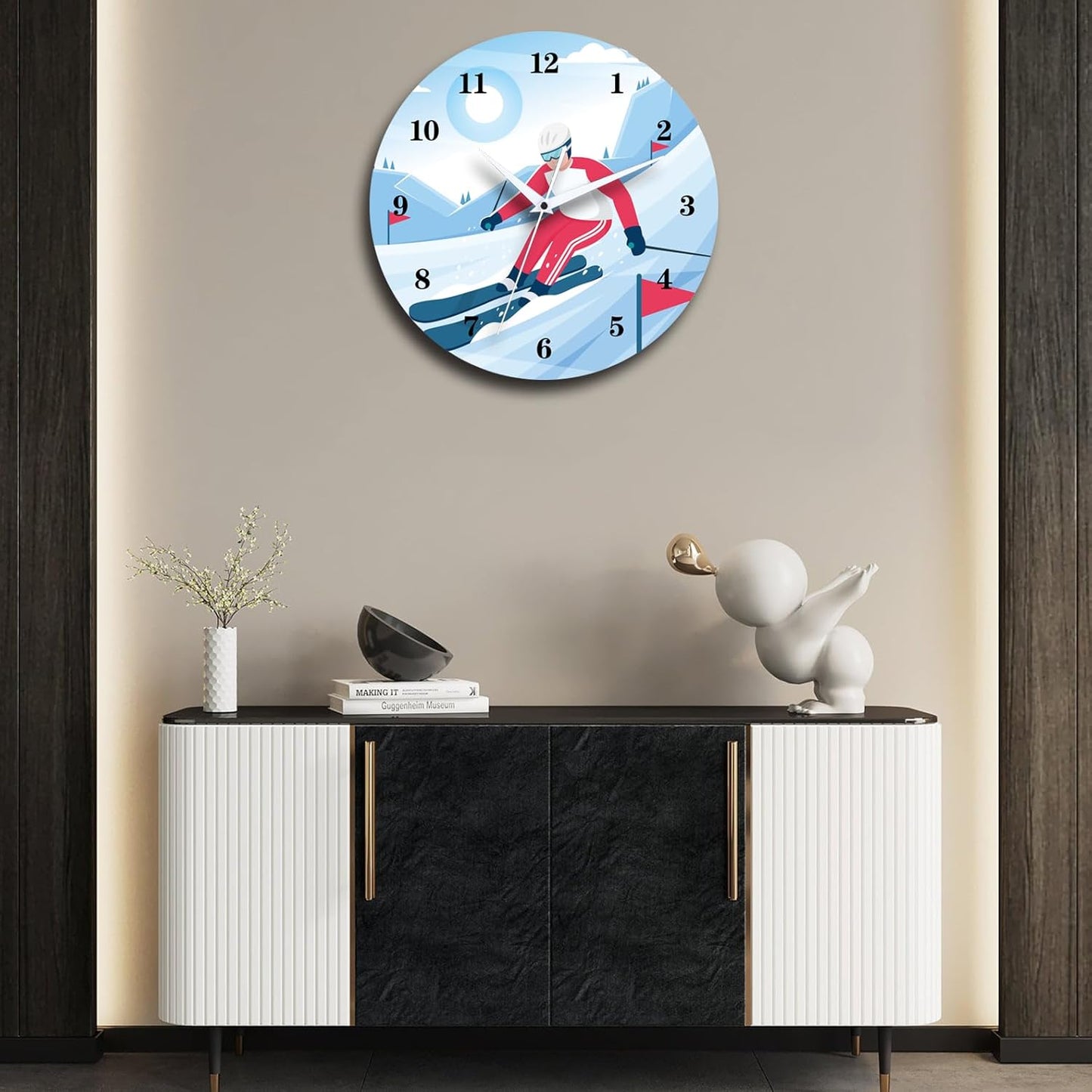 12 Inch Sports Wall Clocks with Silent Clock Movement and Battery Operated, Great Decor for Bedroom, Living Room or Classroom (Skiing Wall Clock)