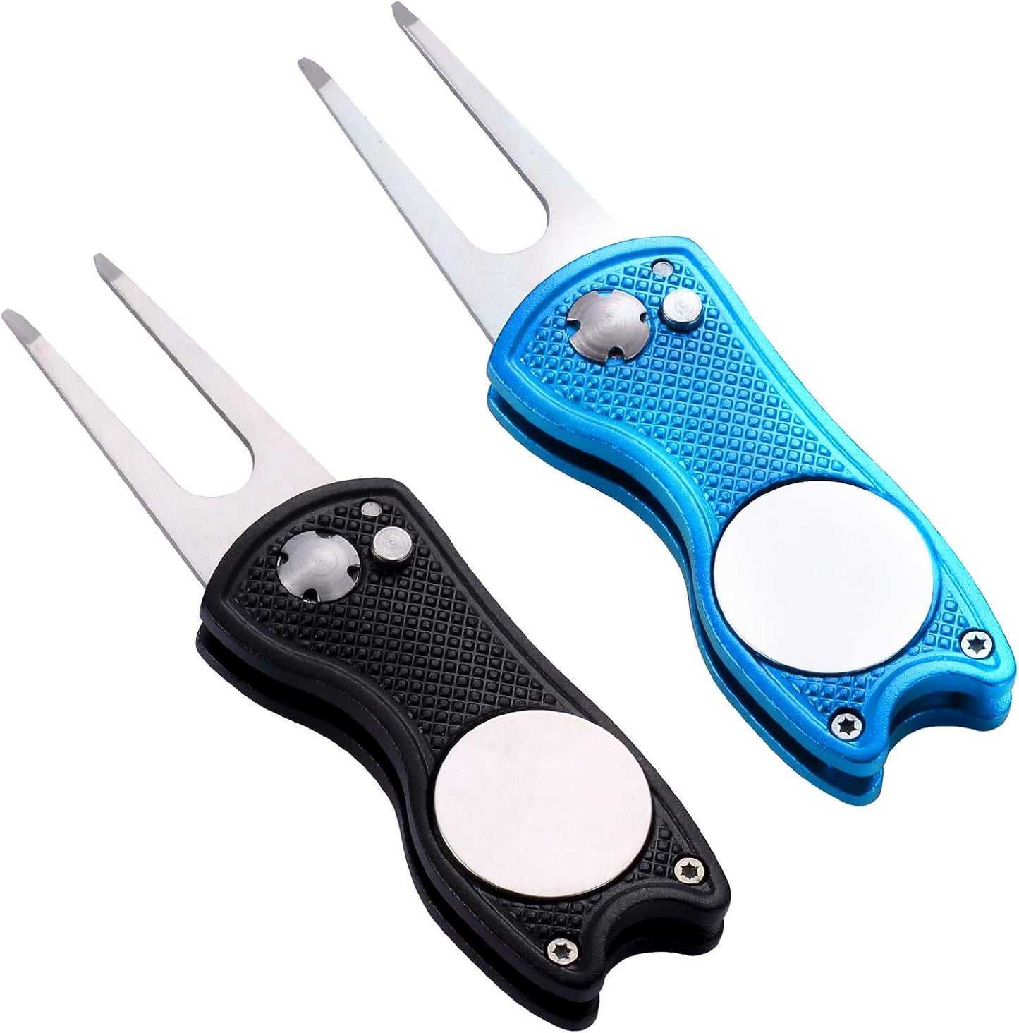 2 Pack Metal Foldable Golf Divot Tool with Pop-up Button & Magnetic Ball Marker (Pack of 2, Fish Design)