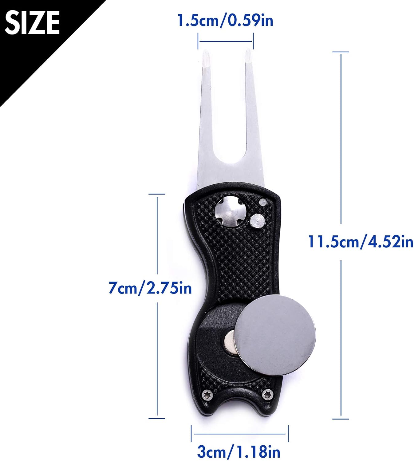 2 Pack Metal Foldable Golf Divot Tool with Pop-up Button & Magnetic Ball Marker (Pack of 2, Fish Design)