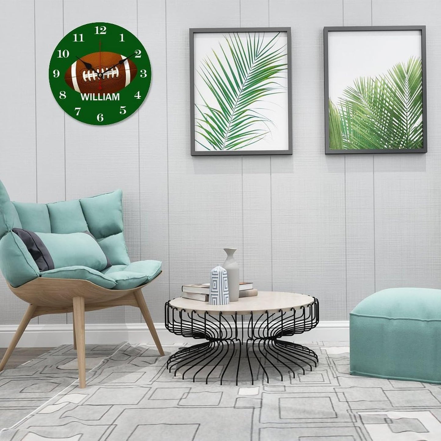 10 inch Personalized Name Football Wall Clocks Battery Operated for Kids Bedrooms Nursery School Playroom Decor,Custom Kids Name Wall Clock,Rugby Wood Round Clock Silent