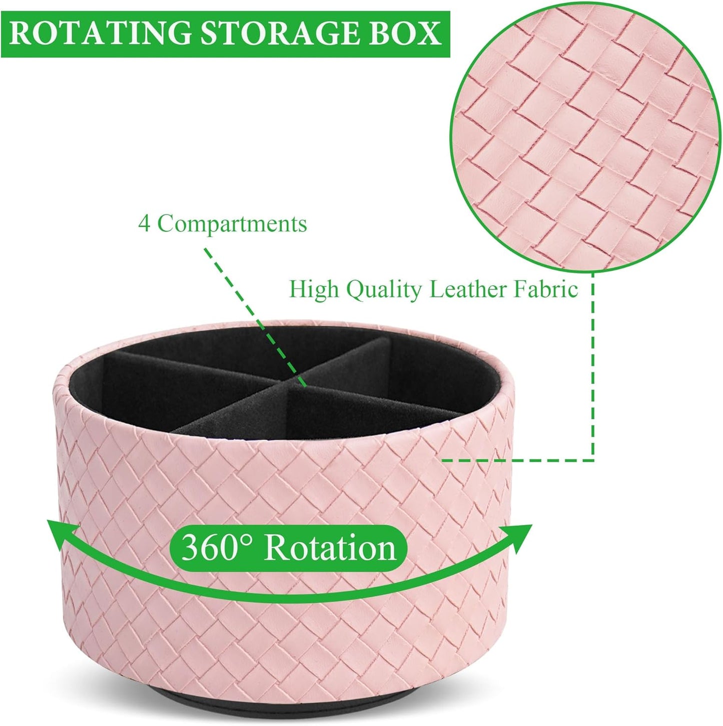 Hennaja Round Leather Art Supply Organizer,Remote Control Holder,360 Degree Spinning,Multi-Functional Pencil Holder,4 Compartments Desktop Stationary Organizer(1-Weave Pink)