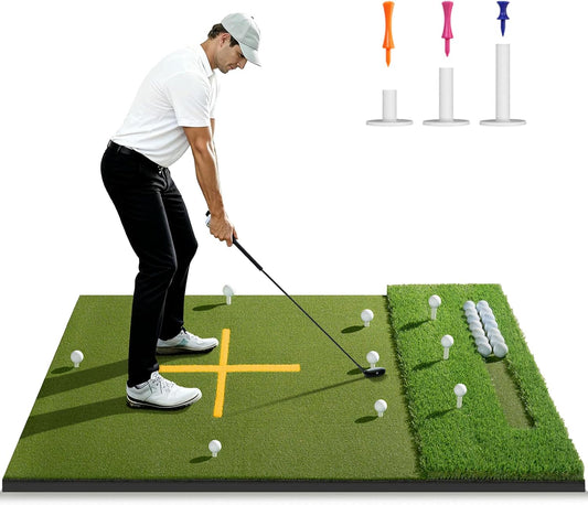 5.2x4ft & 6x4ft 21mm-45mm Dual-Turf Golf Mat with Ball Tray, Thickened Golf Hitting Mat with 9 Hitting Holes, Alignment Aid Practice Mat for Hitting, Driving Chipping, Swinging, Golf Present for Men