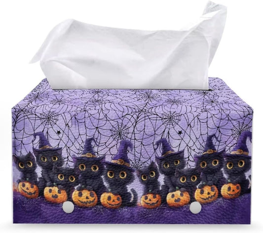 Halloween Tissue Box Covers Rectangle for Bathroom Cute Cat Pumpkin Pattern Pretty Tissue Holder with Bottom Belt Portable for Travel PU Leather Tissue Cover Decorative Organizer