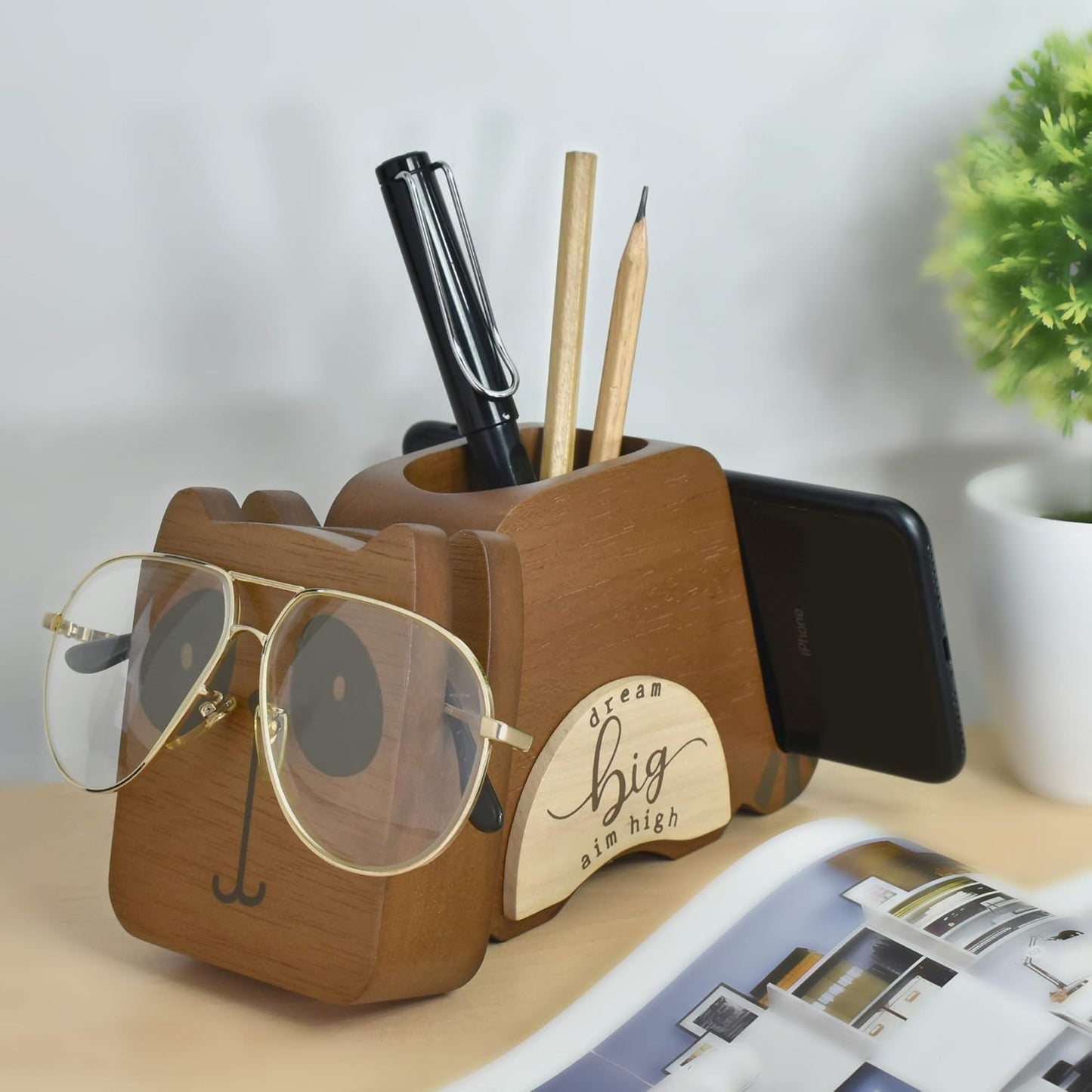 I'm Wood Multipurpose Raccoon Eyeglass Phone Pen & Pencil Holder Stand Stationery Desk Organizer Accessories Decor, for Home Office Desktop Decoration Birthday Graduation Gifts “Dream Big Aim High”