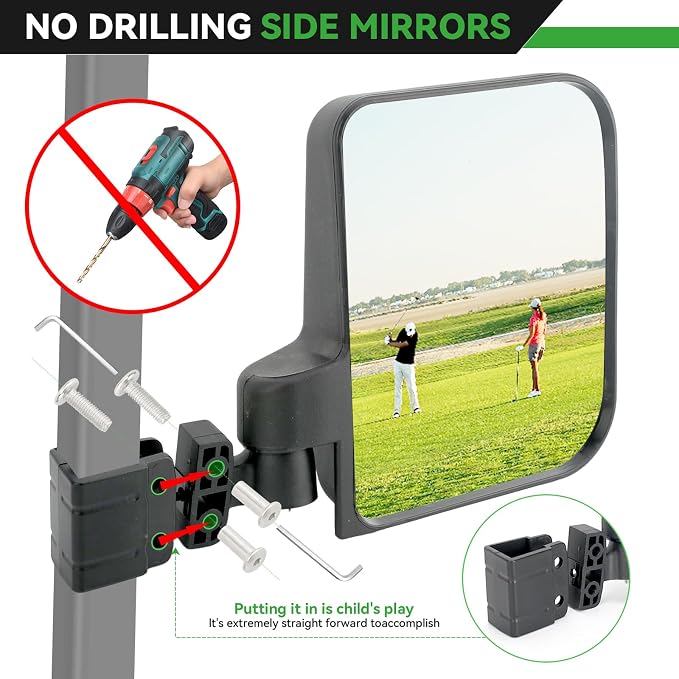 Golf Cart Side Mirrors for EZGO Club Car Yamaha, No Drilling HD-Shatterproof - Image 2