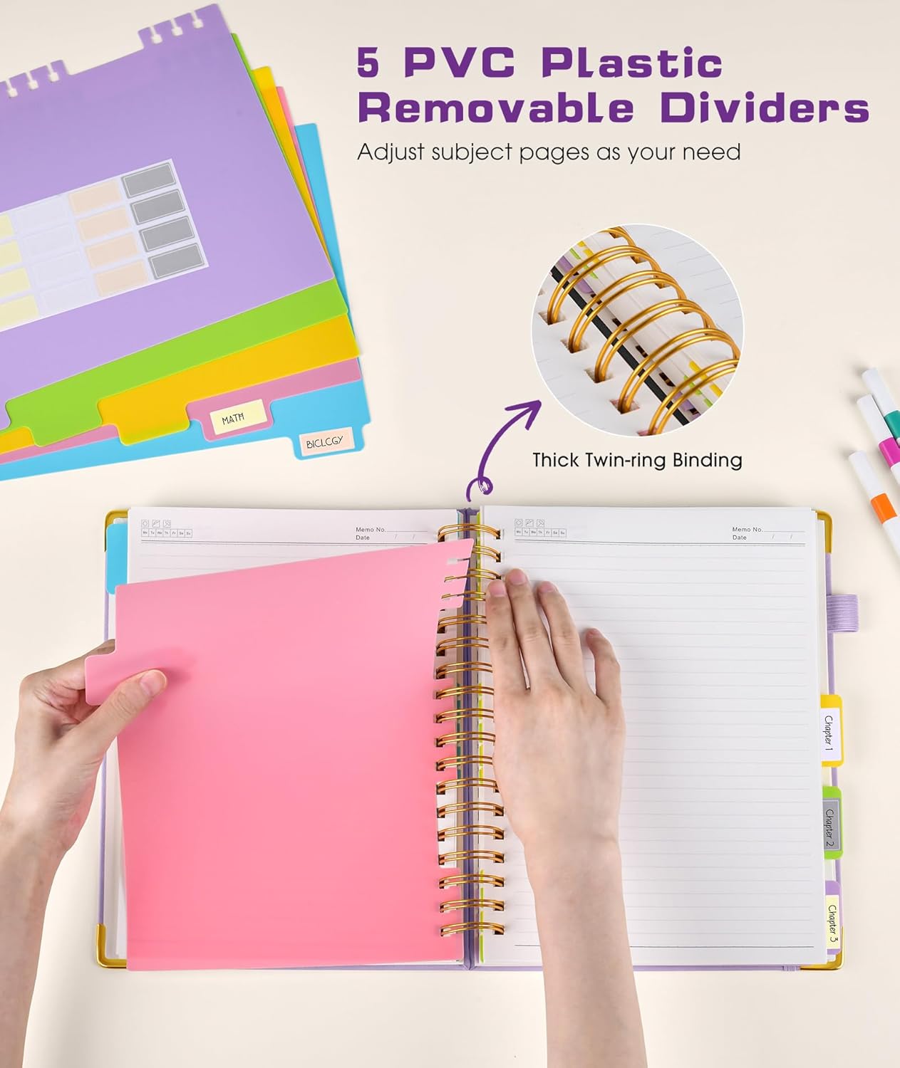 Hardcover Spiral Notebook journal with Removable Dividers Tabs, 300 Pages Leather 5 Subject Notebook College Ruled, 100GMS A5 Notebooks for Work School Note taking,Lined Journal for Women,A5 Purple