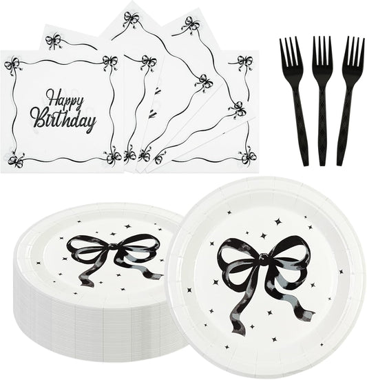 75PCS Black Bow Birthday Paper Plates and Napkins - Conquette Themed Tableware Set Include 7inch Paper Plates Napkins Forks Disposable Decoration Supplies for Birthday Party, Serve 25