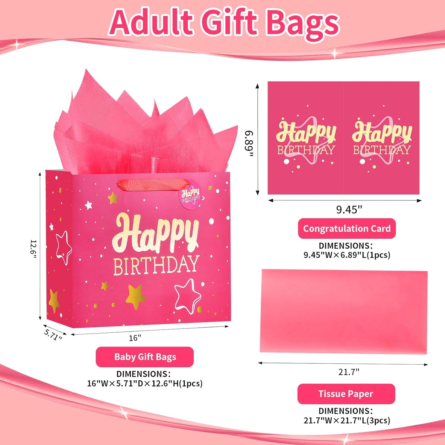 16" Pink Happy Birthday Gift Bag with Tissue Paper and Greeting Card for Party,Happy Birthday Gift Bag for Men Women,Gift Bags Extra Large(1 PCS Pink Hot Stamping)