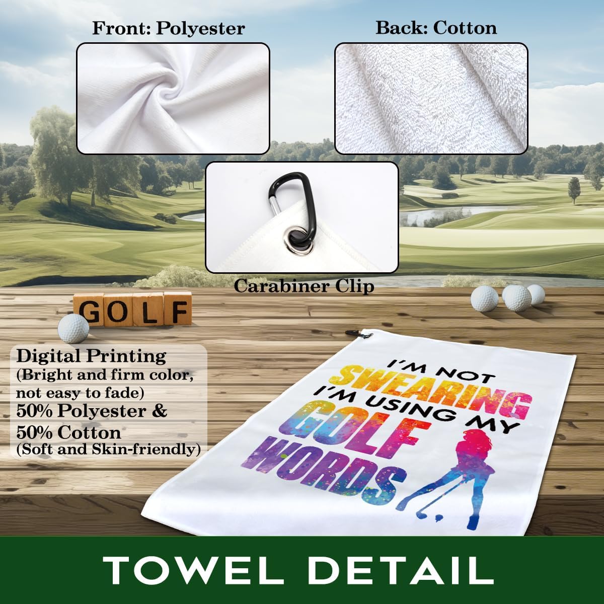 I'm Not Swearing I'm Using My Golf Words Polyester and Cotton Blend Printed Golf Towel, Funny Golf Accessories for Women, Golf Gift for Golf Fan, Golf Lover Birthday Gift, White 2, OGT003