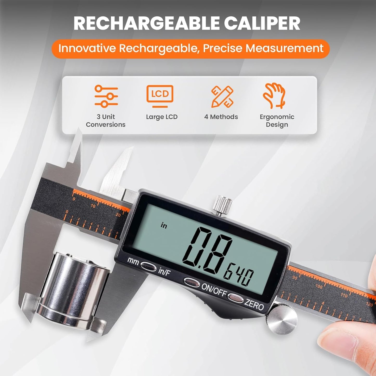 HARDELL Digital Caliper, Rechargeable Calipers with Large LCD Screen, Stainless Steel Caliper Measuring Tool, Auto-Off Micrometer, Inch/MM/Fraction for DIY/Household/3D-printing