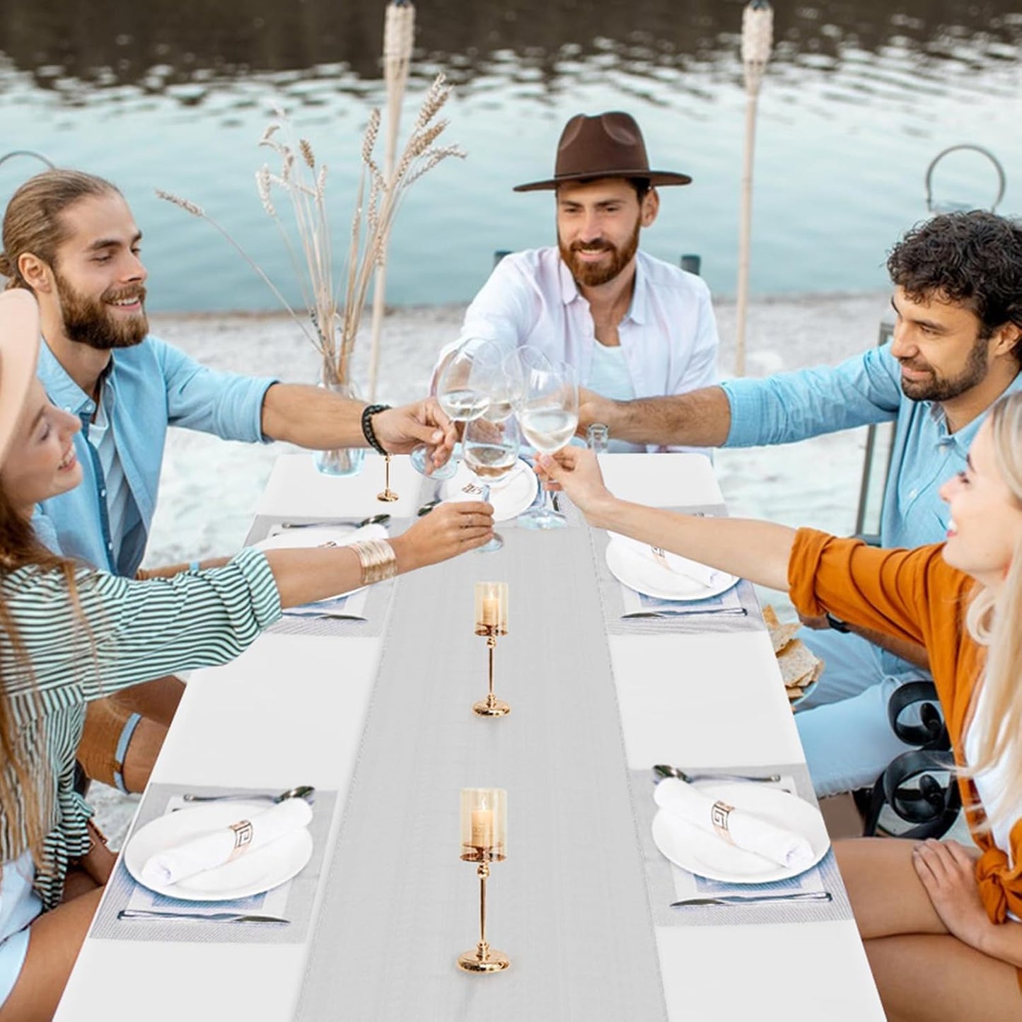 16 Packs Plastic Table Cloth Rectangle Table Disposable and Satin Table Runner, White and Silver Tablecloth Table Runner Cover for Christmas New Year Birthday Wedding Anniversary Party Decorations