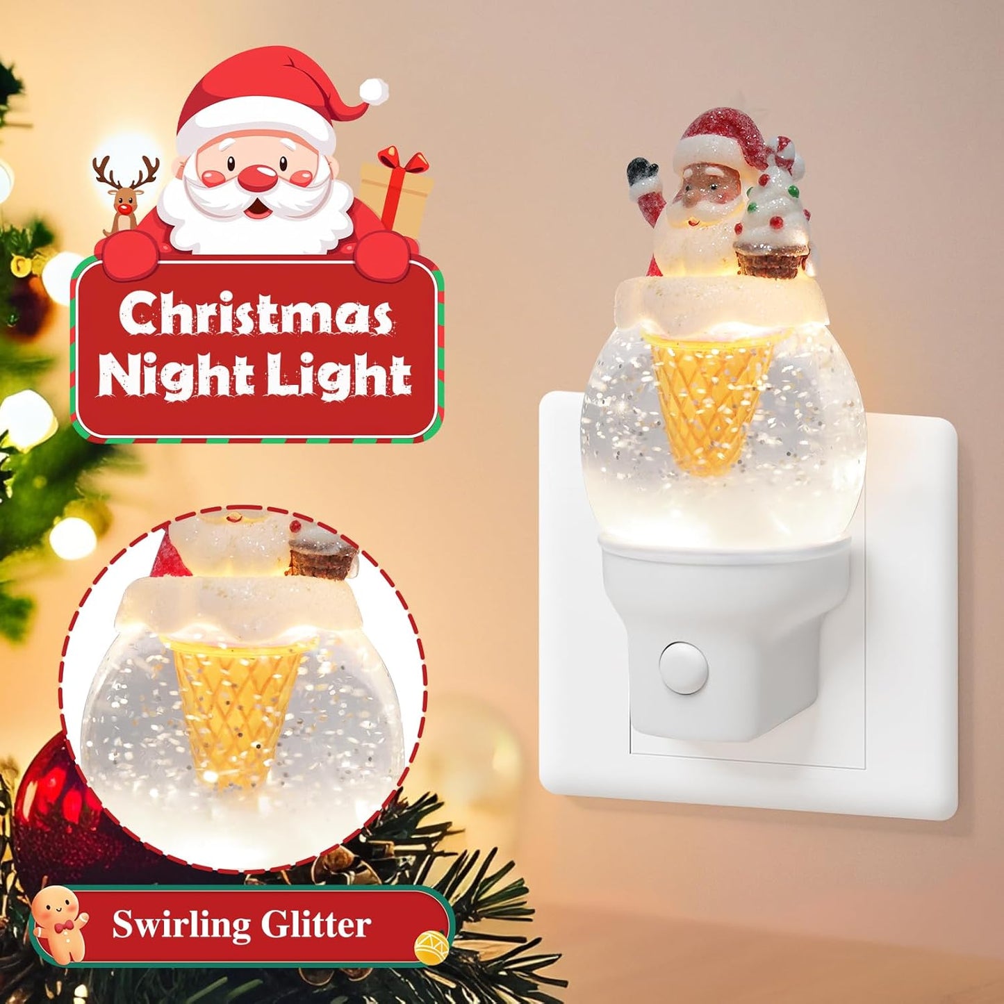 2 Pack Christmas Santa Night Light Plug into Wall Glitter Water Nightlight with USB/Outlet Options, Christmas Decorative Nightlight for Bedroom Kitchen Holiday Decorations Gifts (Santa Ice Cream)