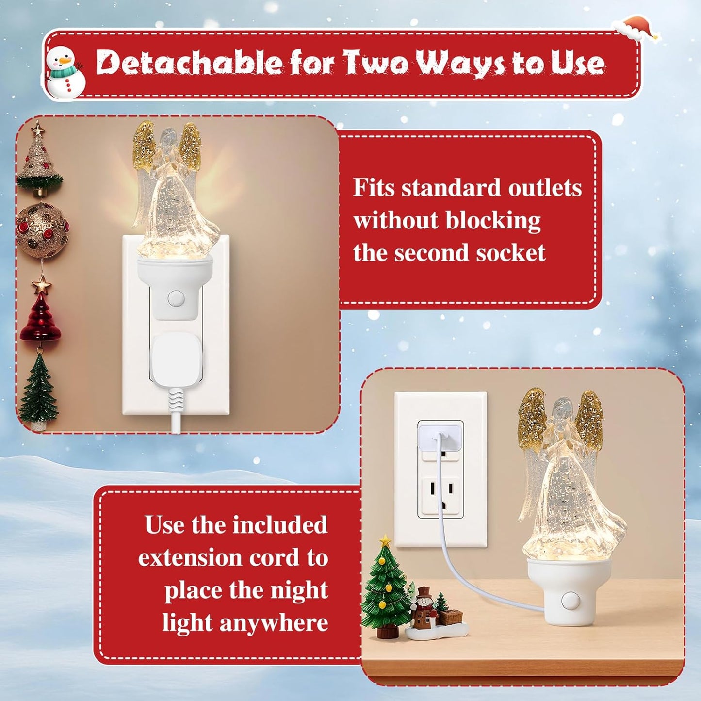 2 Pack Christmas Angel Night Light Plug into Wall Glitter Water Nightlight with USB/Outlet Options, Christmas Decorative Nightlight for Bedroom Kitchen Nursery Holiday Decorations Gifts (Angel)