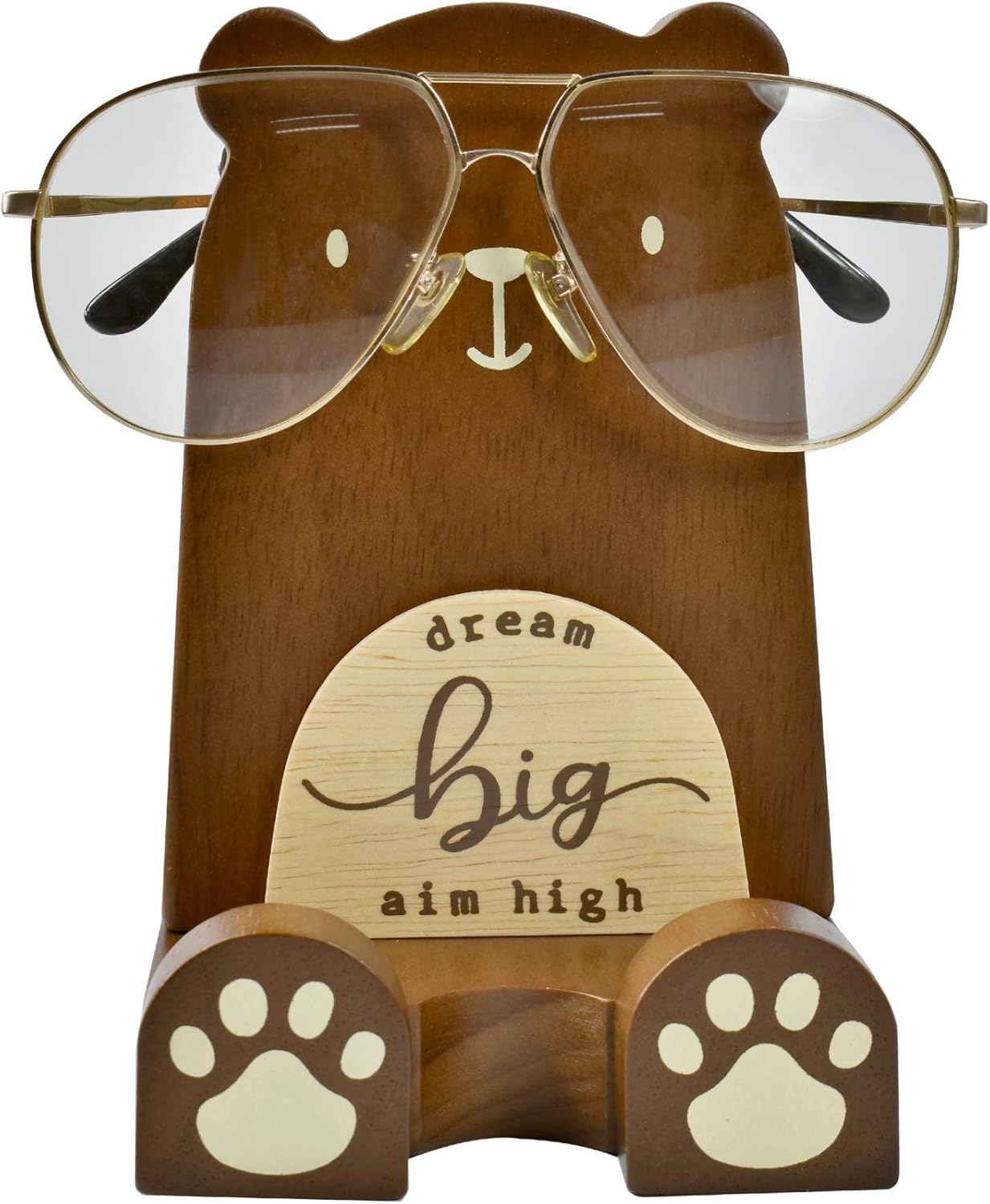 I'm Wood Multipurpose Eyeglass Phone Pen & Pencil Holder Stand Stationery Desk Box Organizer Accessories, Home Office Desktop Decor Birthday Graduation Gifts “Dream Big Aim High”(Bear)