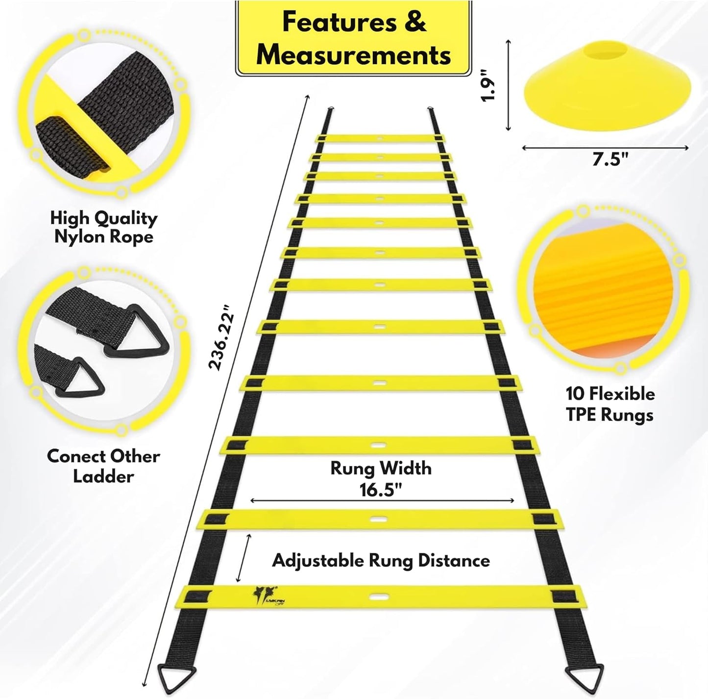 20ft Sports Agility Ladder for Men Women and Kids, Speed Youth Soccer Agility Training Equipment for Football, Exercise, Tennis, Legs Workout with Speed Parachute and Carry Bag