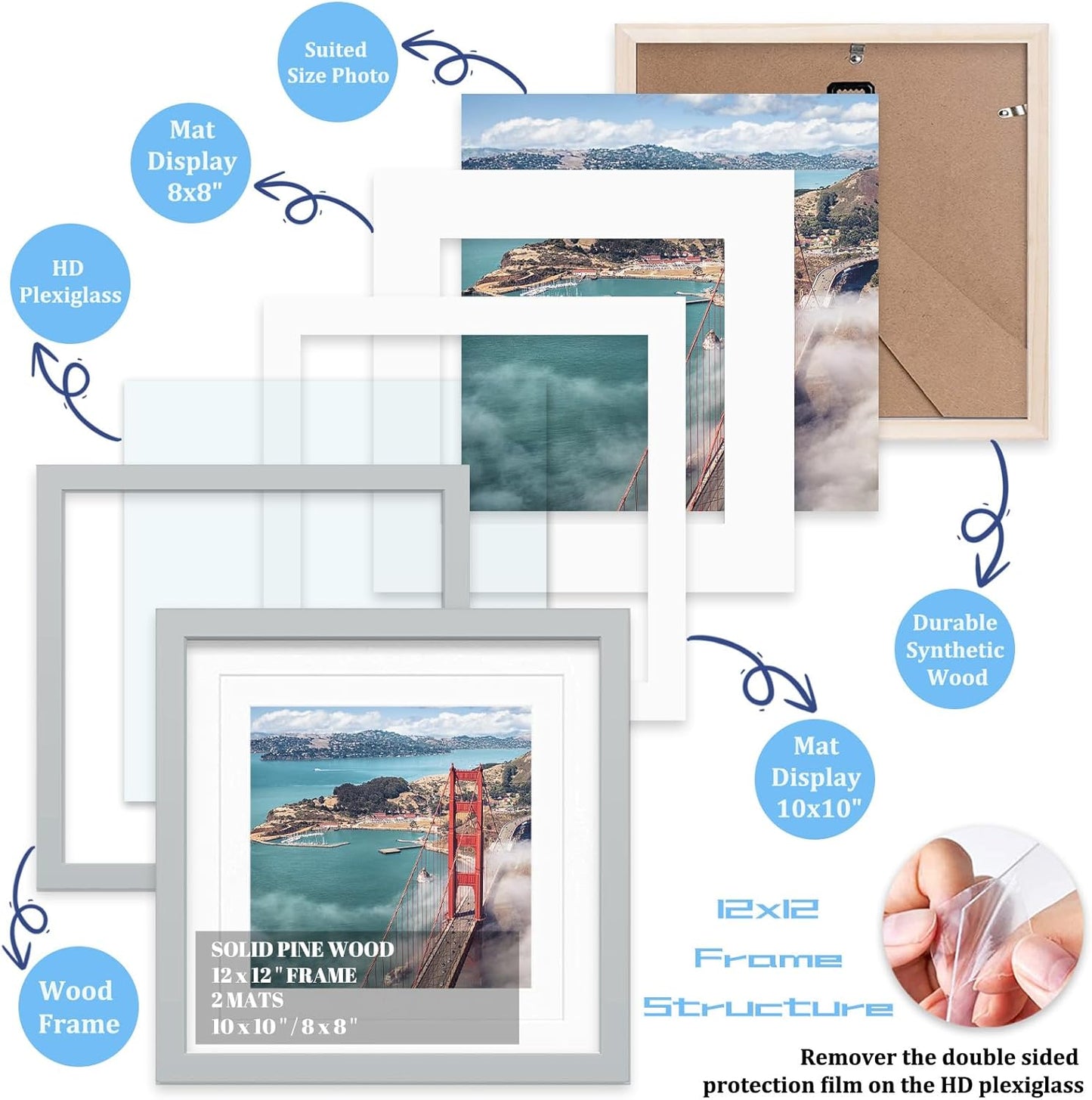 12x12 Wood Picture Frames for Wall Hanging or Tabletop,Diamond Painting Frame Baby Scan Picture Frames with 2 Mats Display 8x8 or 10x10 for Family Walls Decoration,Anniversary,Wedding,Christmas(Gray)