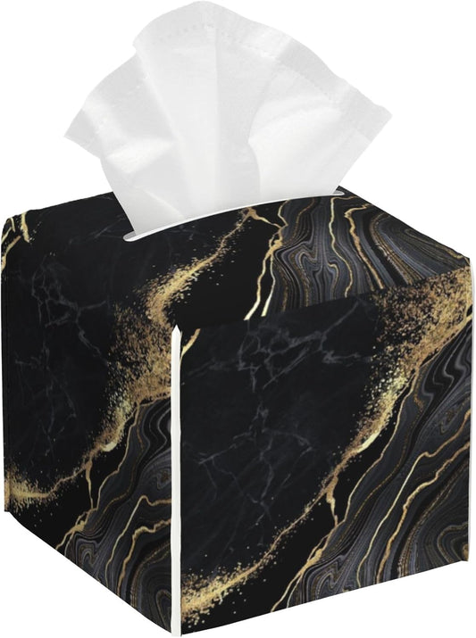 Black Golden Marble Tissue Box Cover Square,Leather Tissue Holder with Bottom Belt,Waterproof Facial Paper Organizer Tissue Box Cover for Home Office Bathroom Vanity Countertop,5.2" x 5.2" x 5.2"