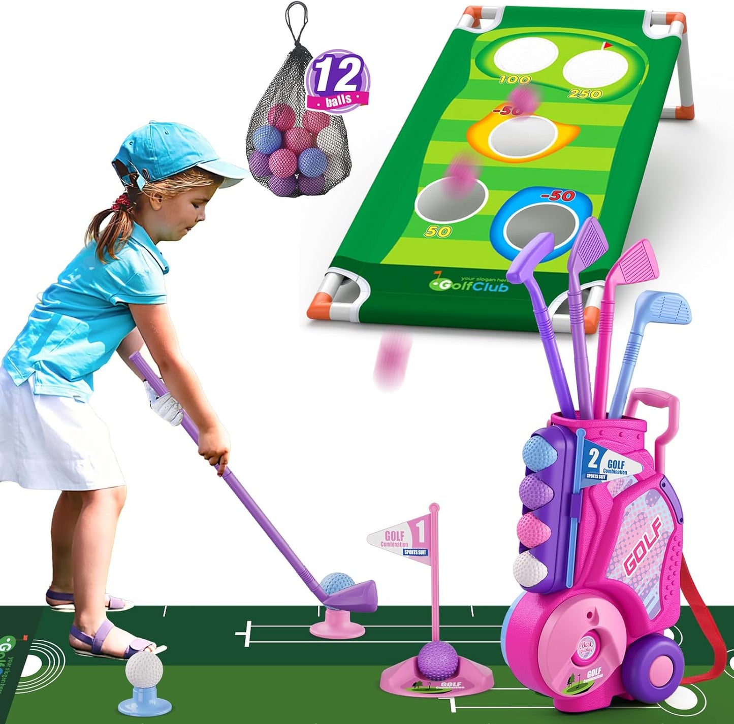 2 in 1 Toddler Golf Set 2-4 Years, Upgraded Kids Plastic Golf Clubs with 12 Balls, Cornhole Board & Putting Mat, Shoulder Strap, Indoor Outdoor Sport Toys Gift for Baby Boys Girls Aged 3-5, Pink