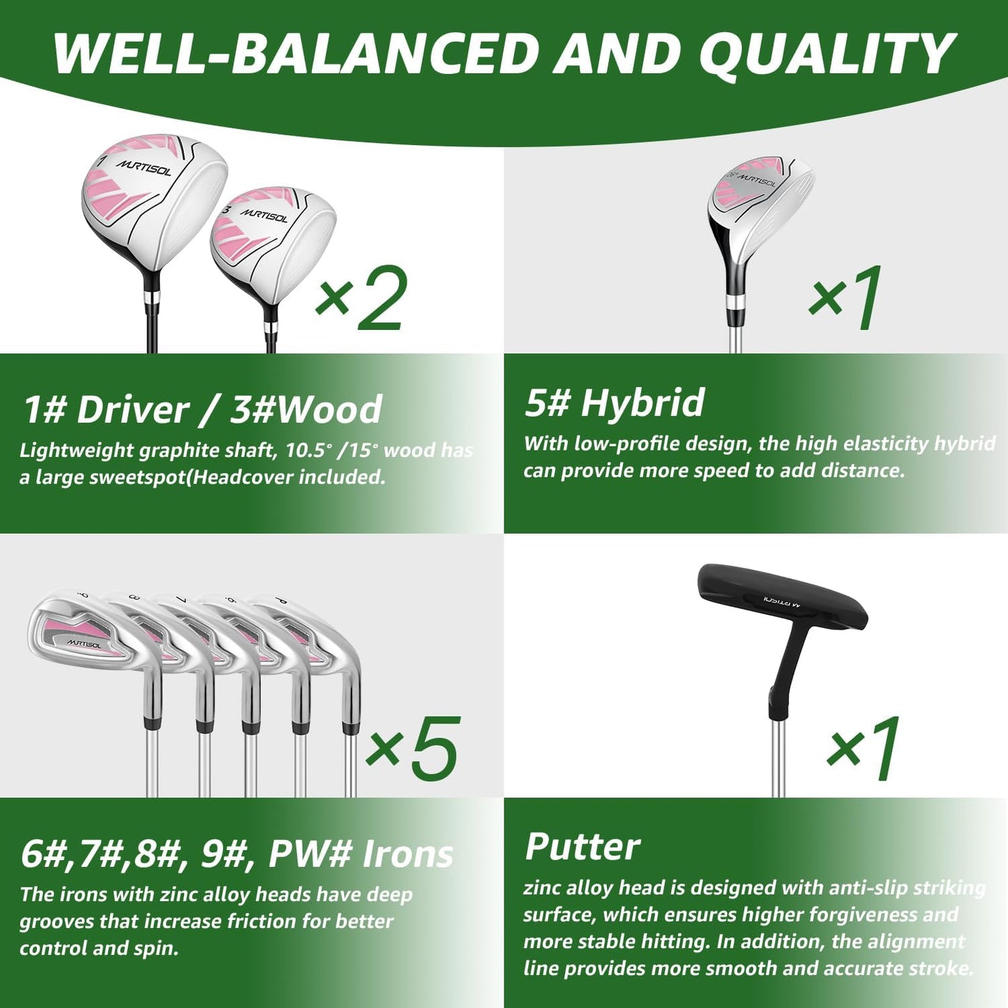 10 Pieces Golf Clubs Full Set Mens Right Hand,Golf Set Includes Stand Bag with Rain Hood, 1#Driver 3#Wood #5 Hybrid,with 3 Head Covers, 6# 7# 8# 9# PW# Irons and Putter