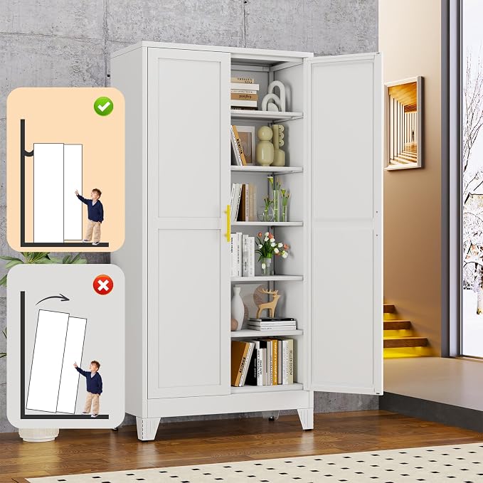 White Metal Storage Cabinet, Kitchen Pantry Storage Cabinet - Image 6