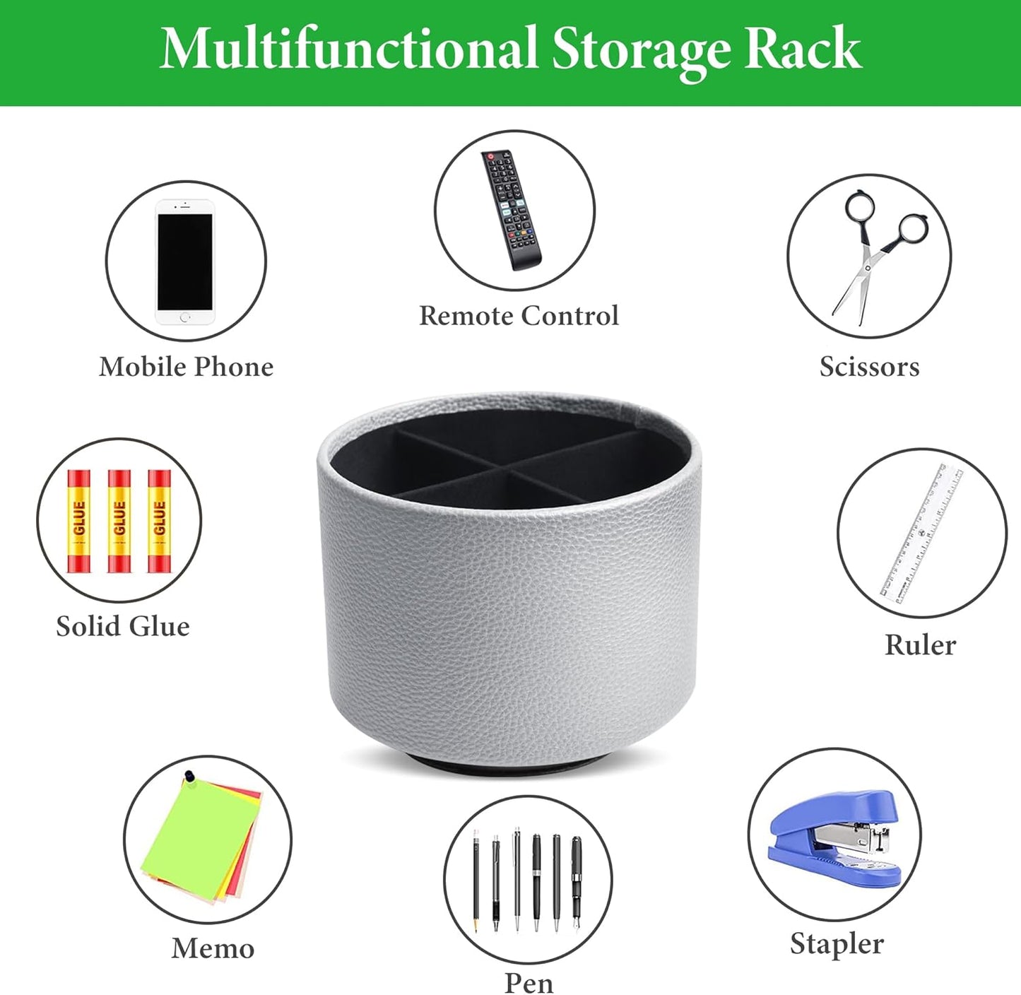 Hennaja Round Leather Art Supply Organizer,Remote Control Holder,360 Degree Spinning,Multi-Functional Pencil Holder,4 Compartments Desktop Stationary Organizer(1-Lichee Silver)