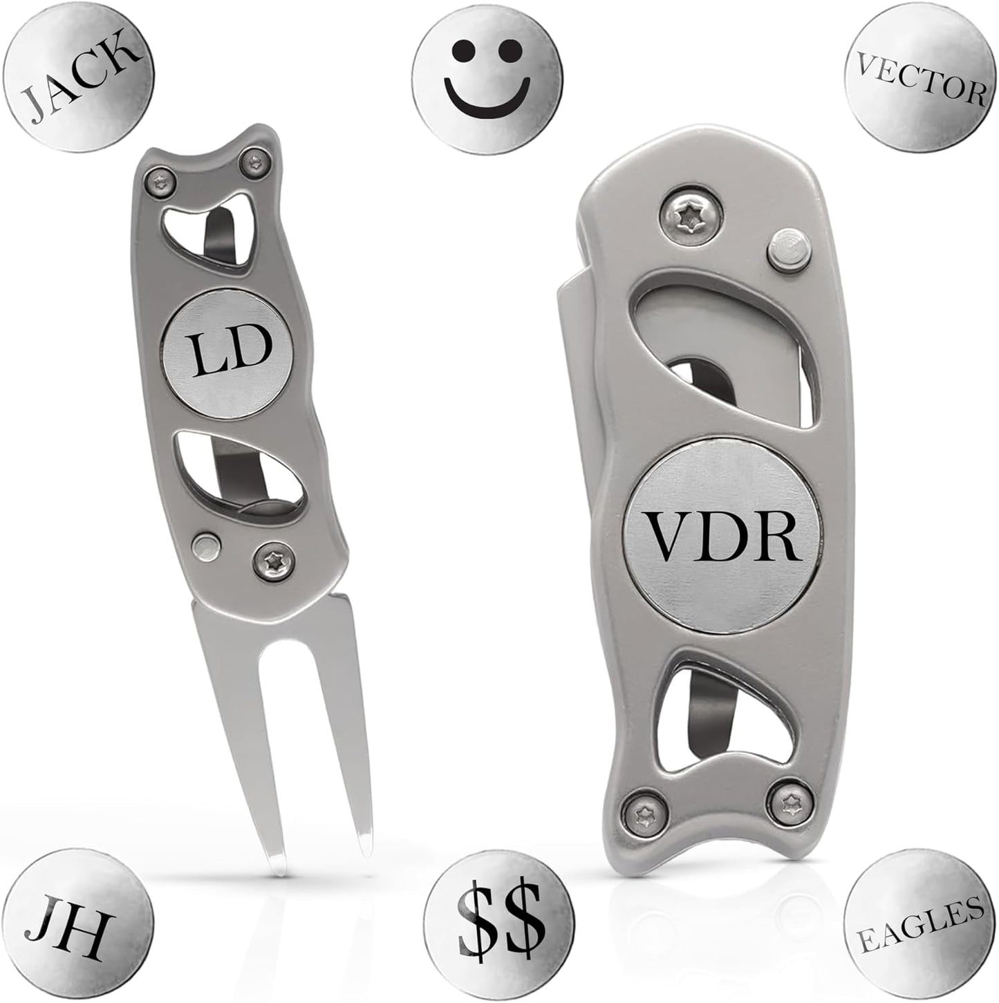 Indiana Metal Craft Switchblade Golf Divot Repair Tool Stainless Steel Personalized with 2 Ball Markers (1 Spare), Silver