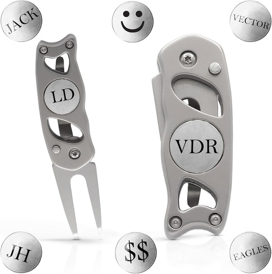 Indiana Metal Craft Switchblade Golf Divot Repair Tool Stainless Steel Personalized with 2 Ball Markers (1 Spare), Silver