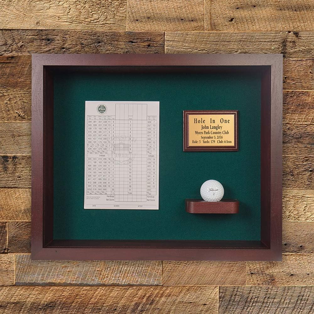 Hole in One Shadowbox and Golf Ball Display Case | Personalized Engraved Plate | Holds Golf Ball and Scorecard or Photo | Vertical Layout | Cherry Finis | Wall Mounted