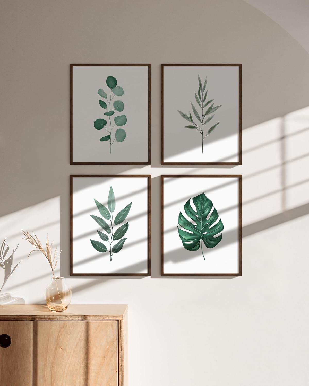 HAUS AND HUES Plant Wall Art - Botanical Prints, Green Wall Art Set, Plant Pictures, Leaves Paintings, Minimalist Sage Green Decor (8x10, Walnut Frame)