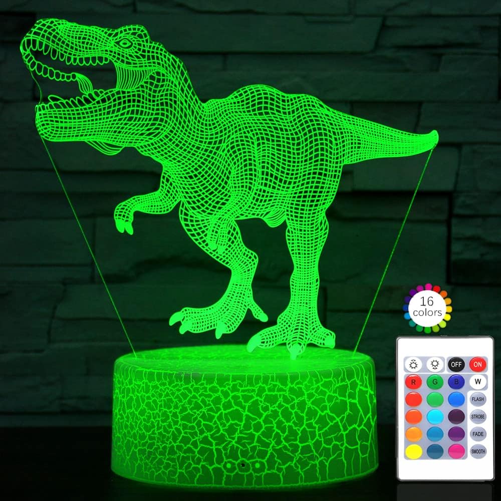 i-CHONY Dinosaur Toy T-Rex 3D Night Light for Kids - 16 Color Dimmable LED Light with Remote & Smart Touch & USB Cable - Gift for Adults, Teens, Boys, Girls Birthday