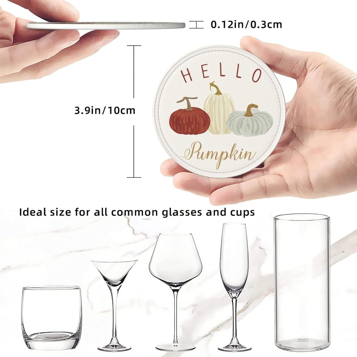 Hello Fall Pumpkin Autumn Coasters for Drinks Round Leather Coaster with Holder Set of 6 for Tabletop Protection Desk Accessories Office Home Room Decor