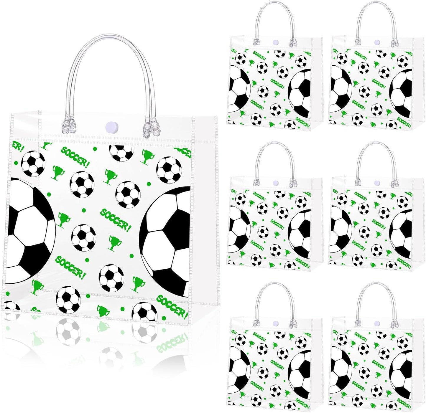 24 Pieces Clear Soccer Gift Bags with Handles Transparent PVC Soccer Goodie Bags 7.9 x 7.9 x 3.1Inch Sport Theme Party Favor Bag for Birthday Holiday Sports Team Events