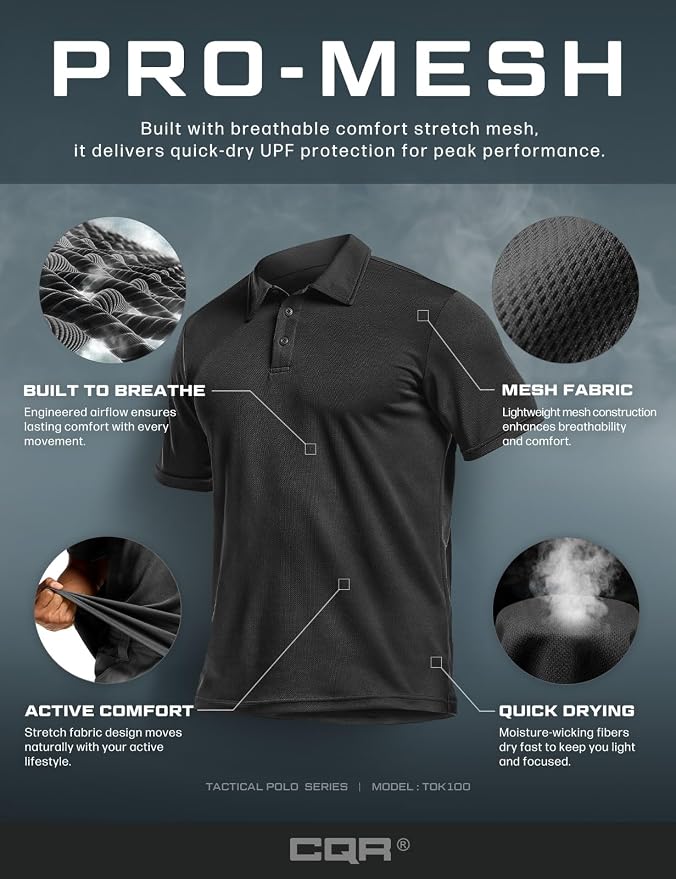 CQR Men's Polo Shirts, Tactical Short Sleeve Golf Performance Shirts, - Image 7