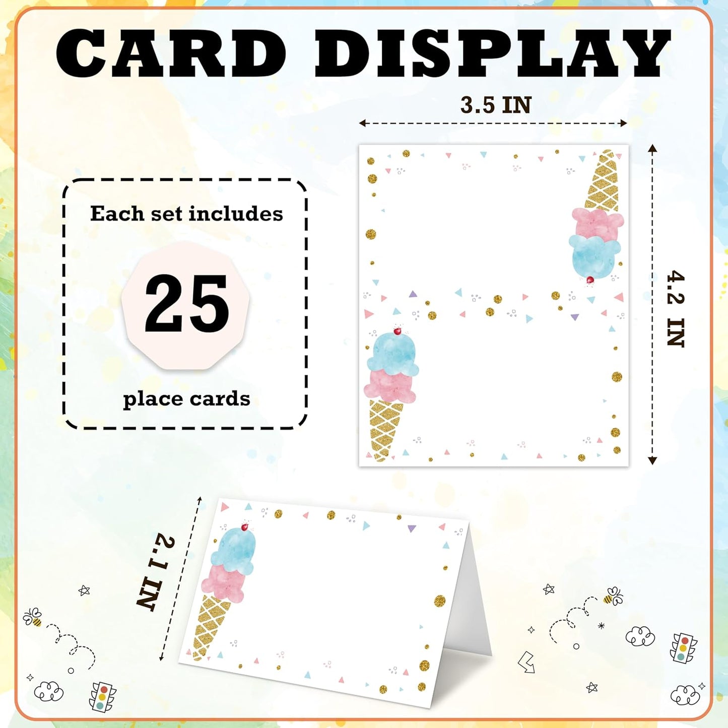 Ice Cream Place Card For Girls Boys, Ice-Cream Name Cards For Table Setting, Sprinkles Party Favors Supplies, Summer Tent Cards Decorations For Baby Shower Birthday Events, Easy Folding, 25 Pack -06