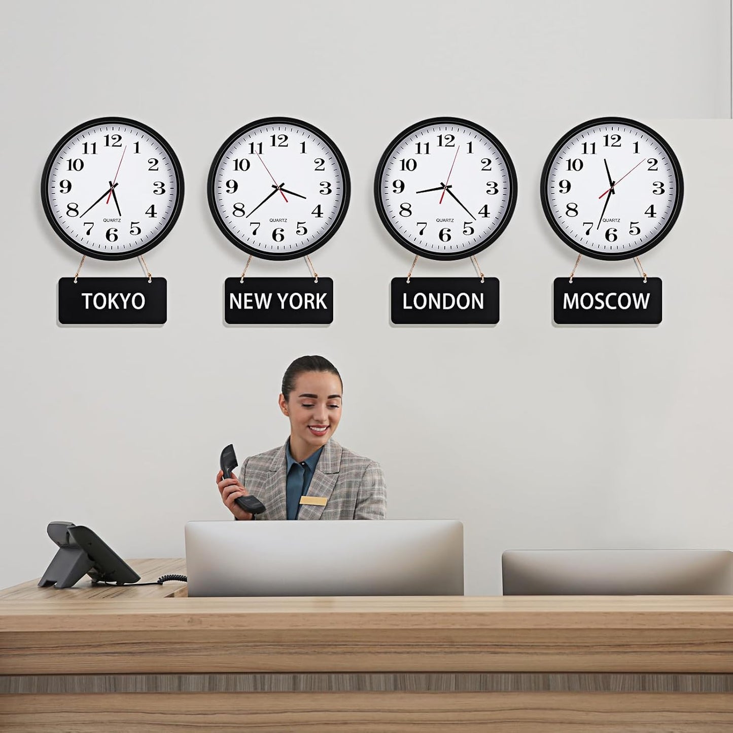 Inbagi 4 Pieces Wall Clocks Set Include Quartz Wall Clock Battery Operated Round Clock with 4 Pieces Hanging Chalkboard and White Marker Pen for Hotel Office Home Room Kitchen(12 Inch,Black)