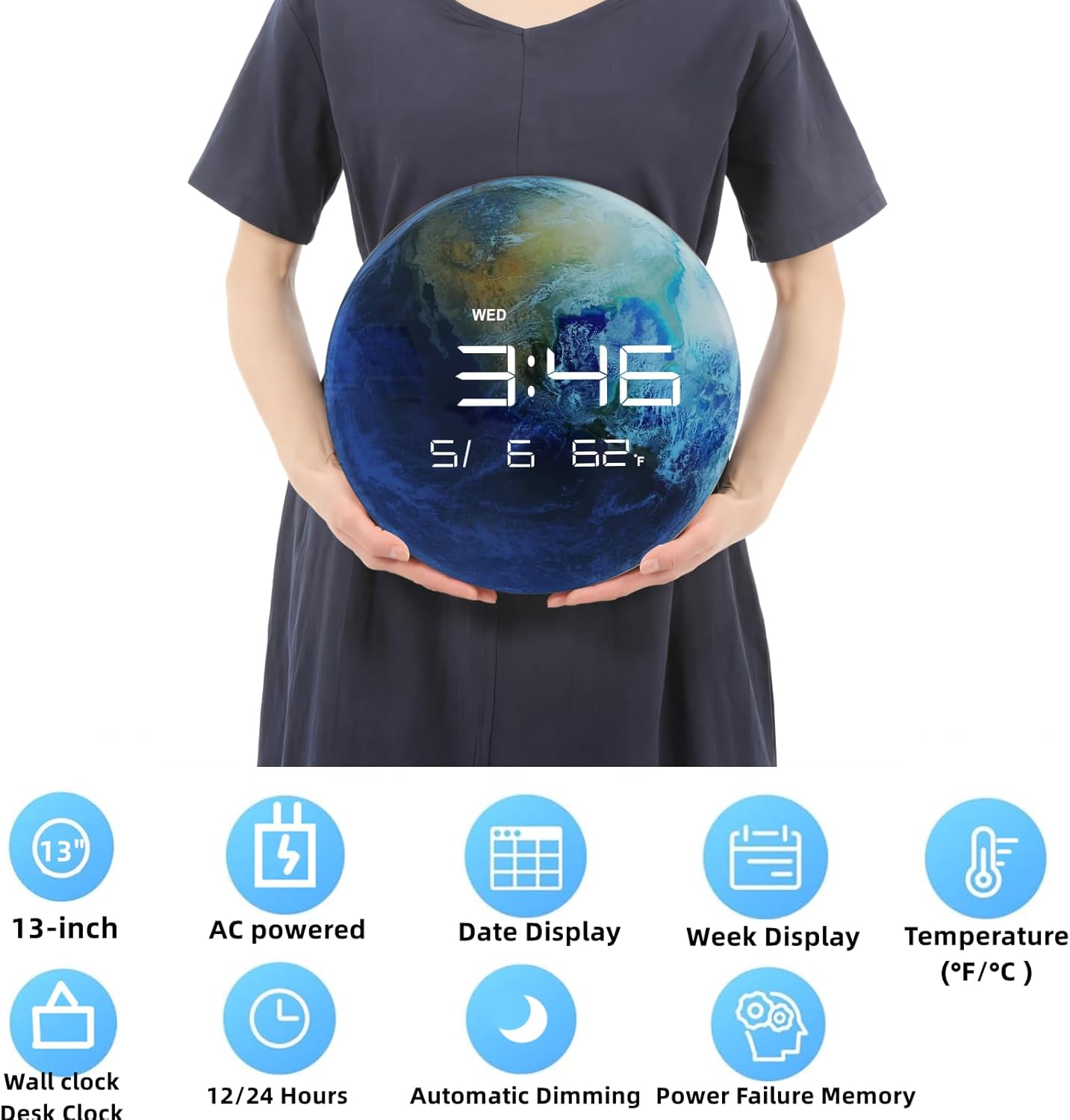 13" Digital Wall Clock with LED Display, Calendar & Temperature, Automatic Dimming, 12/24hr Format, USB Powered, Wall & Desk Use - HUI-7859