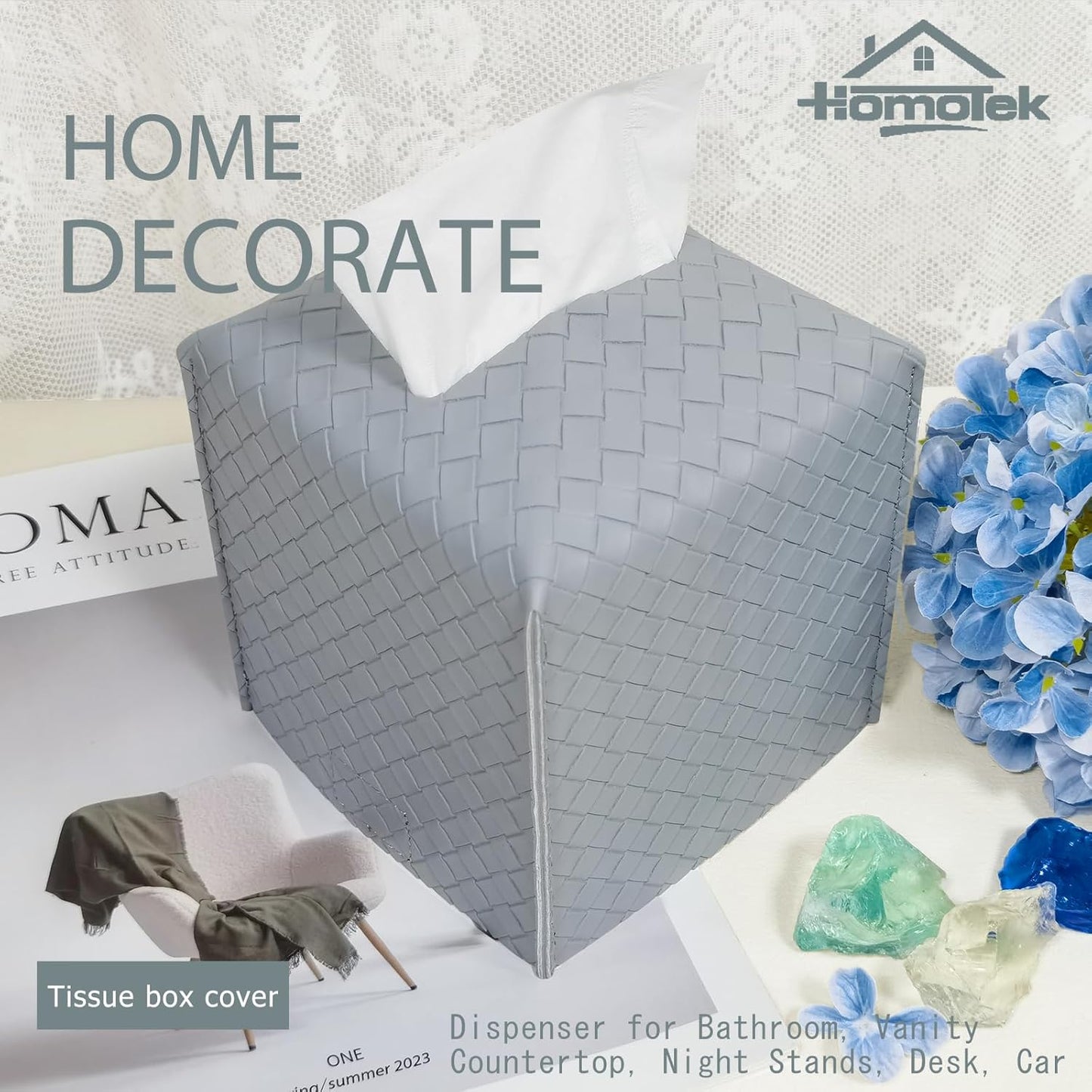HOMOTEK 2 Pack Tissue Box Cover,PU Leather Tissue Holder,Square Decorative Facial Tissue Cube Paper Organizer Dispenser for Bathroom, Night Stands, Desk, Car 5X5X5'' - Woven Waffle,Light Gray