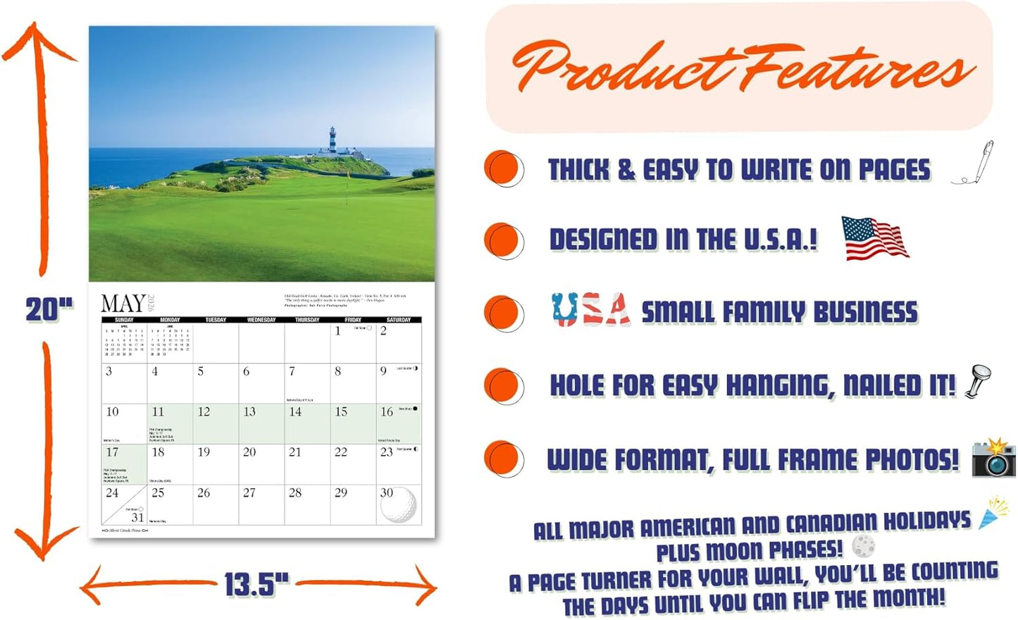 2026 Best of Golf Wall Calendar - Includes PGA (Majors) Tour Dates -13.5" x 20" Opened