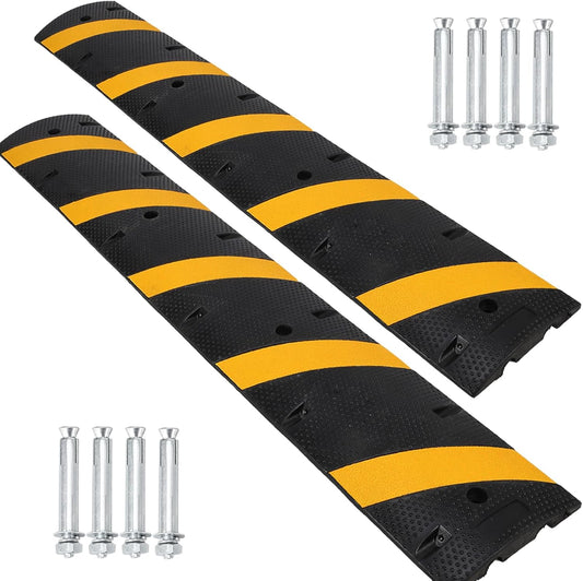 6 Ft Rubber Speed Bumps 2 Pack, Heavy Duty Speed Bumps for Driveway Rubber Gravel Road Asphalt Parking, Modular Driveway Speed Bumps Cable Protector Ramp with 8 Bolts Spikes