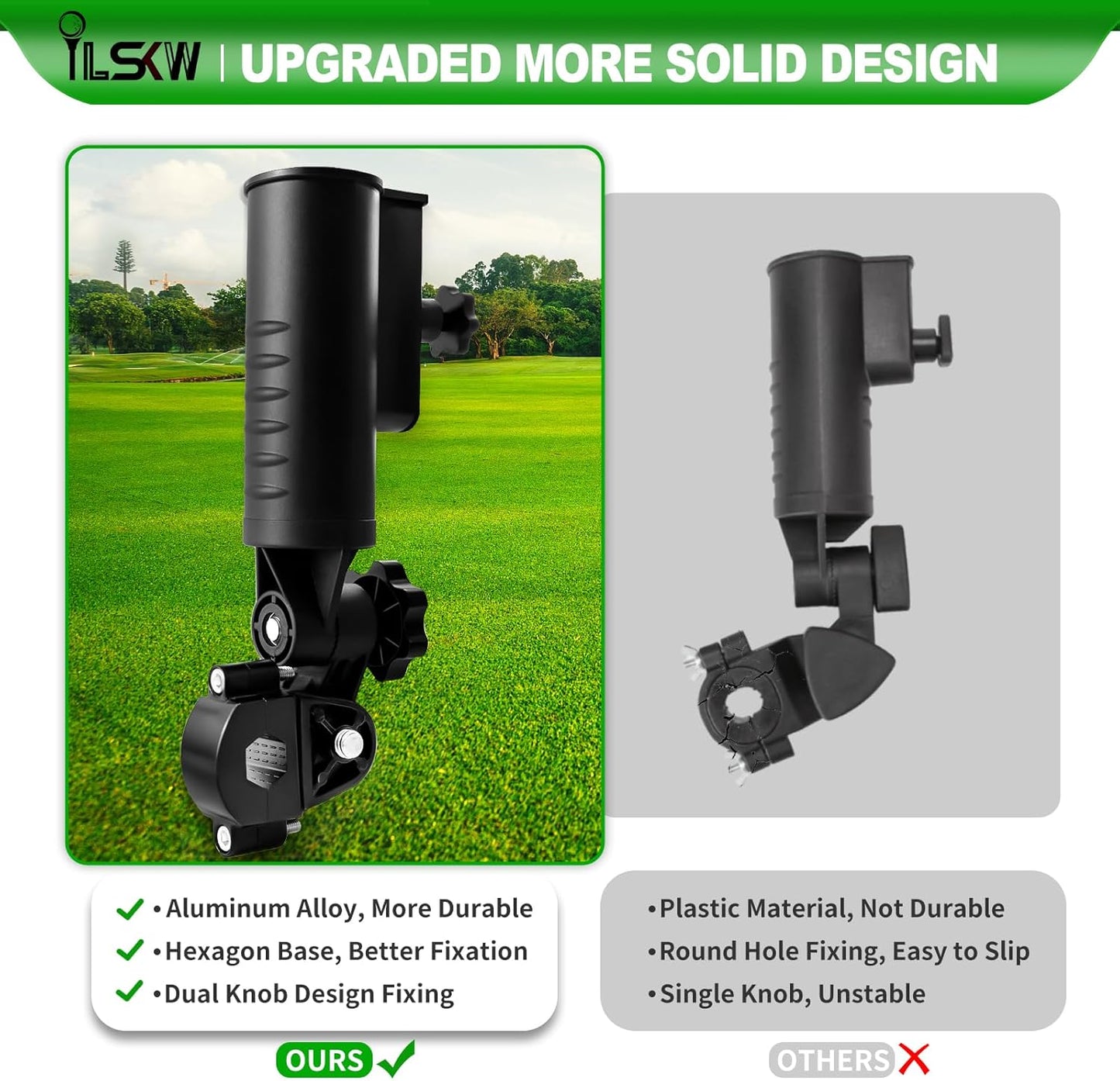 Heavy Duty Golf Cart Flag Holder and Flag Pole Kit for Yamaha, EZGO, Club Car, Upgraded Design Aluminium Alloy Base for Golf Carts, Boat, Vehicles, Golf Push Carts, Included USA Flag (12"×18")