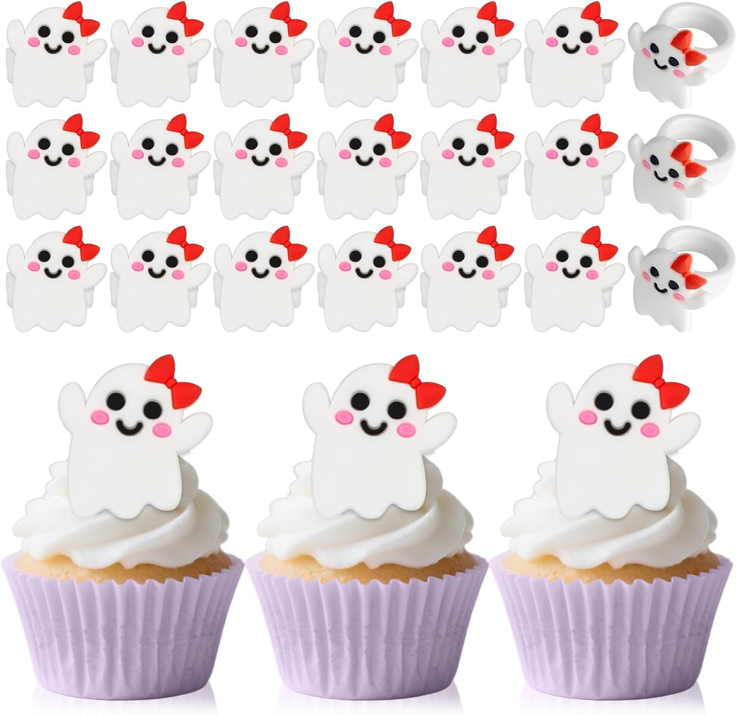 24PCS Ghost Cupcake Ring Toppers Spooky Halloween Cupcake Picks Cute Ghost Decorations for Halloween Theme Birthday Party Baby Shower Cake Supplies